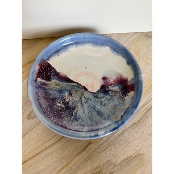 VINTAGE Blue Purple Footed Plate Ceramic Art Pottery Hand Painted Decoration - Picture 1 of 5